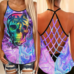 Tropical Skull Gothic 3D Criss-Cross Open Back Tank Top - Wonder Skull