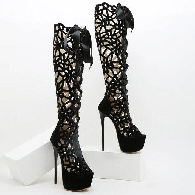 Classic High Heel Boots, Impressive Hollow Out Bow Decor - Wonder Skull