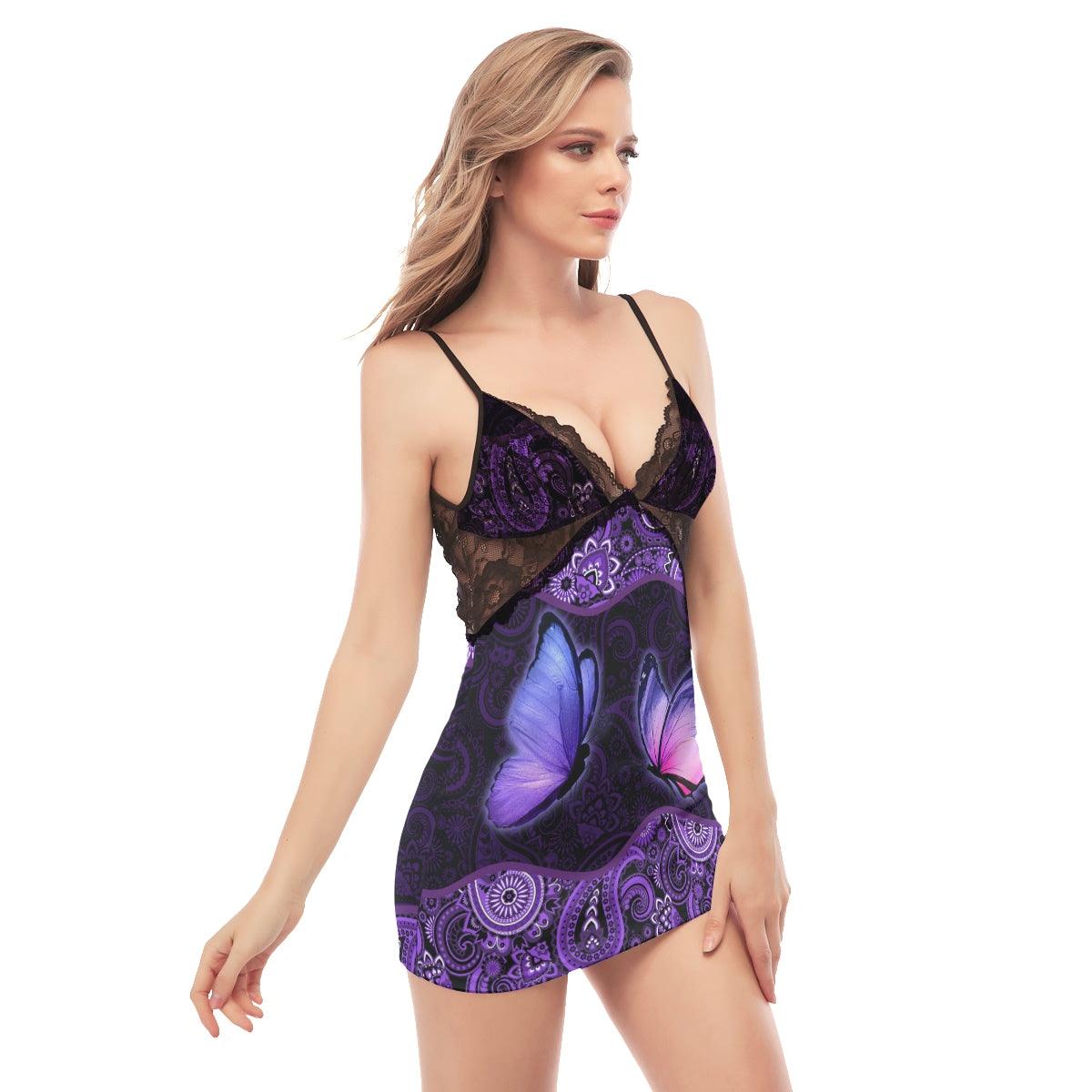 Dark Lavender Butterflies Lace Chemise Nightgown - Wonder Skull
