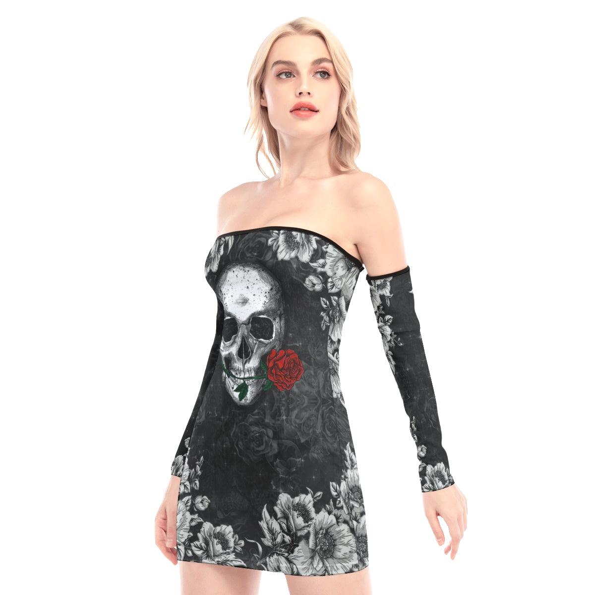 Skull Biting Rose Off-shoulder Back Lace-up Dress - Wonder Skull