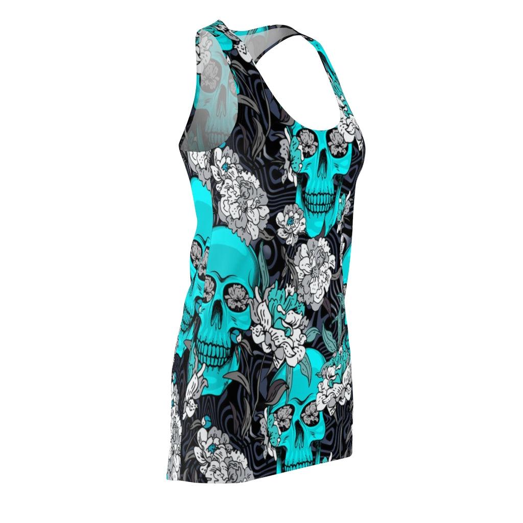 Turquoise Skull And Flowers Women's Cut & Sew Racerback Dress - Wonder Skull