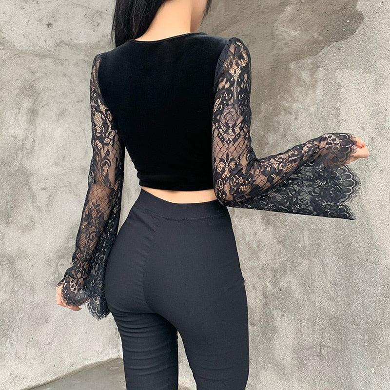 Witchy Gothic See Through Crop Top, Elegant Flared Long Sleeve For Women - Wonder Skull