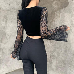 Witchy Gothic See Through Crop Top, Elegant Flared Long Sleeve For Women - Wonder Skull