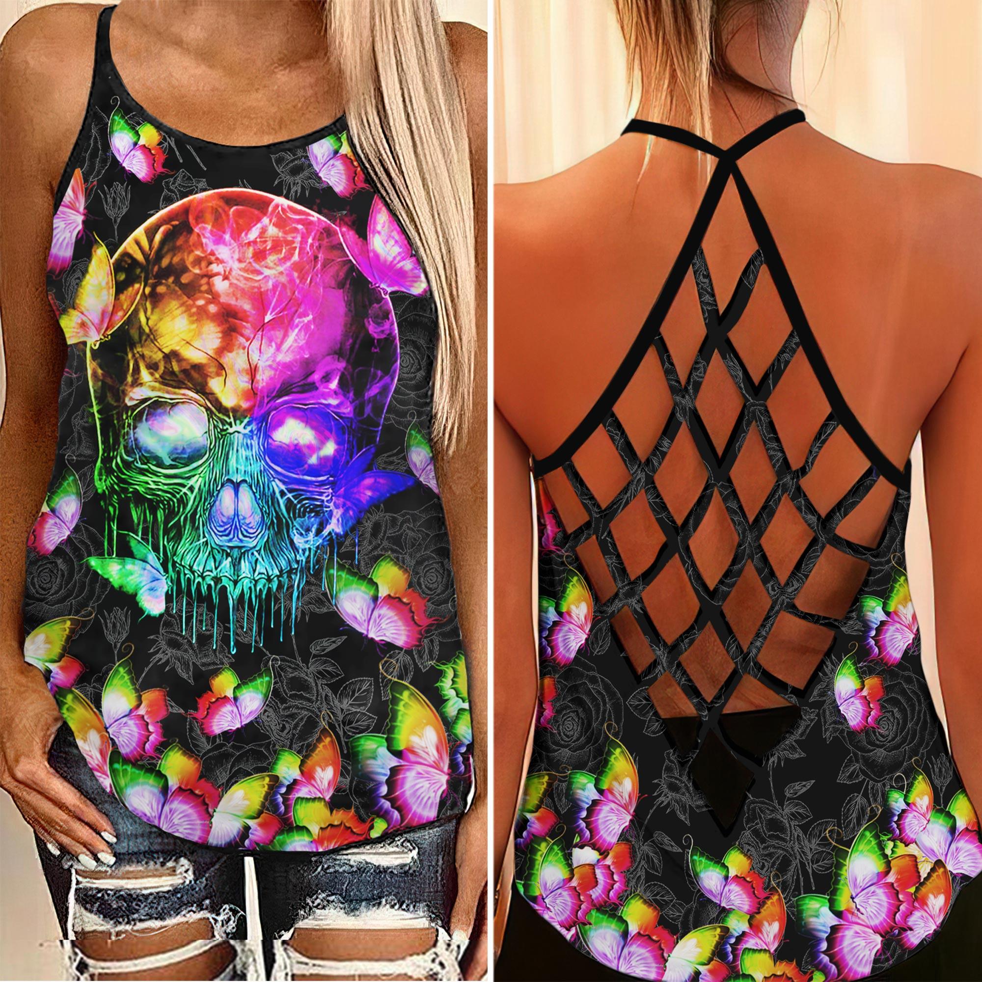 Skull Butterfly Neon Rainbow Criss-Cross Open Back Tank Top - Wonder Skull