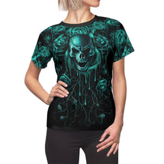 Cyan Skull And Rose Melting All Over Print T-shirt For Women - Wonder Skull