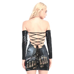Game Over Skull Off-shoulder Back Lace-up Dress - Wonder Skull