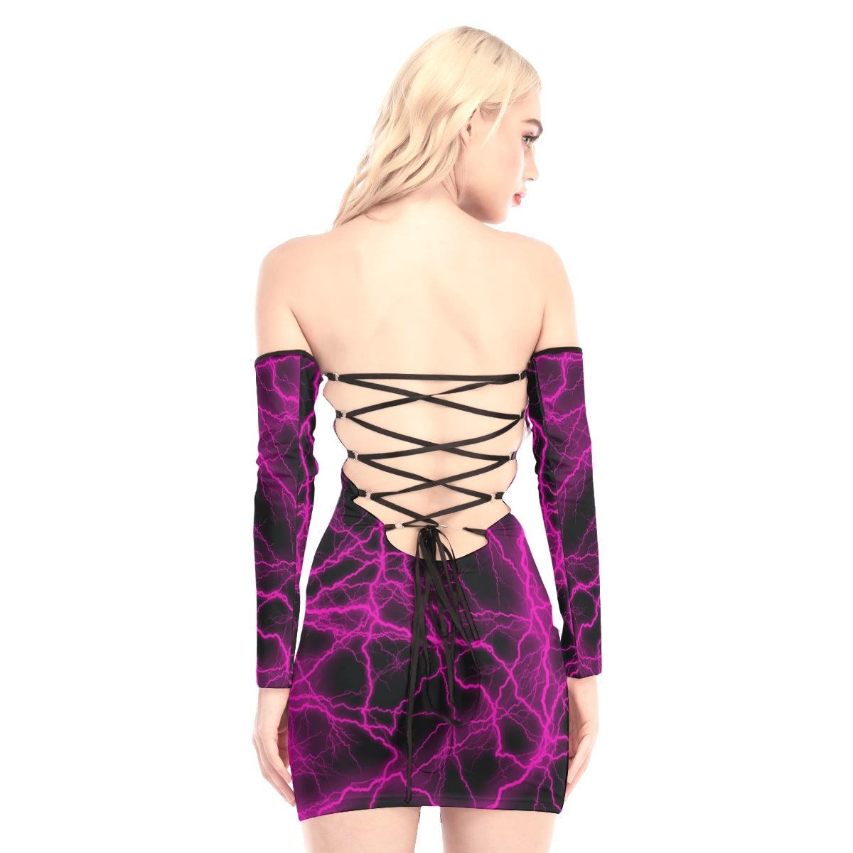 Magenta Thunder Skull Off-shoulder Back Lace-up Dress - Wonder Skull