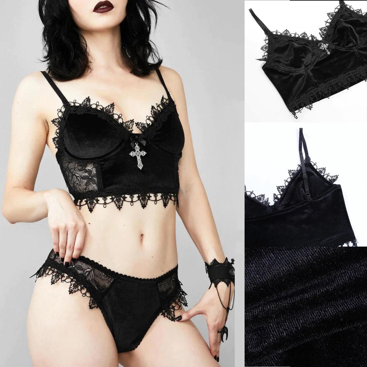 Gothic Velvet 2 Piece Sleepwear, Sexy Sleeveless Croptop & Short Bottom For Women - Wonder Skull