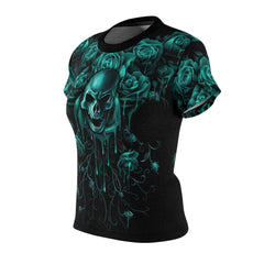 Cyan Skull And Rose Melting All Over Print T-shirt For Women - Wonder Skull