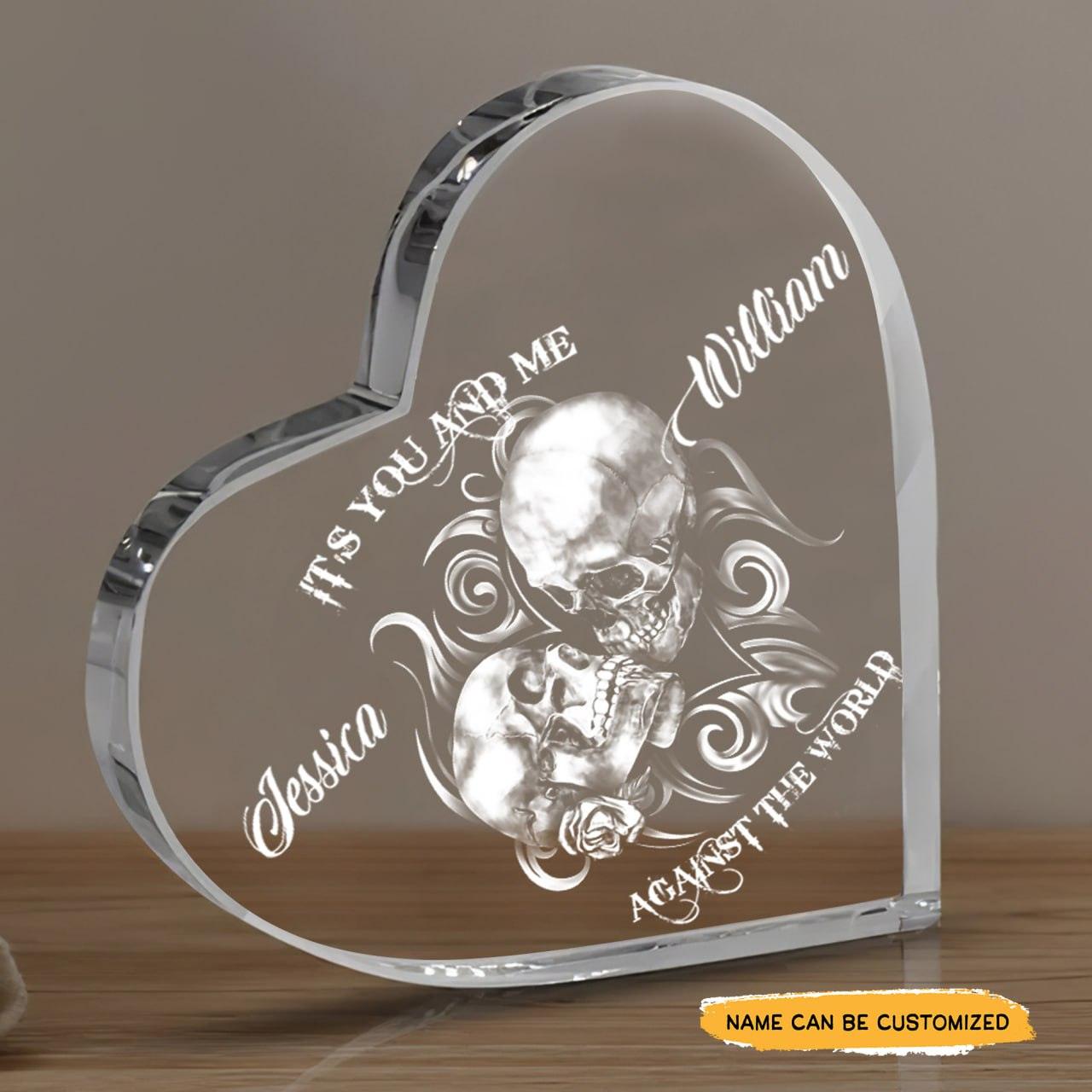 Against The World - Customized Skull Couple Crystal Heart Anniversary Gifts - Wonder Skull
