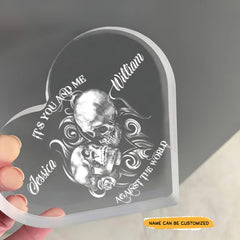 Against The World - Customized Skull Couple Crystal Heart Anniversary Gifts - Wonder Skull
