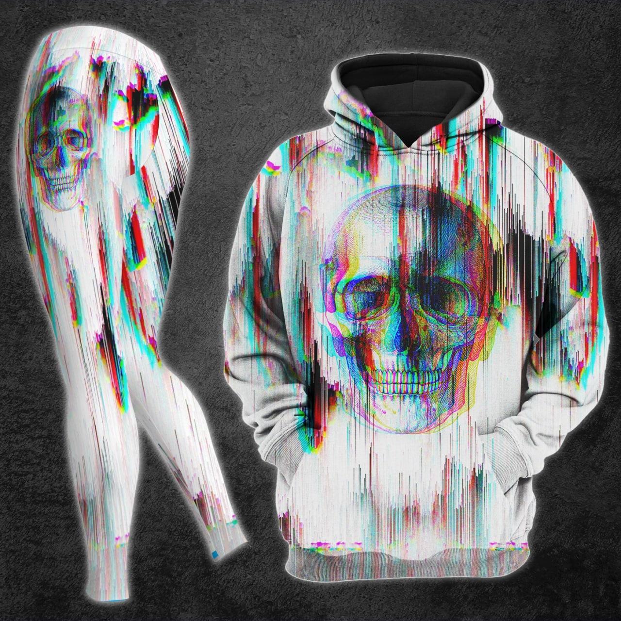 Black White Flicker Skull And Roses Print Combo Hoodie And Leggings - Wonder Skull