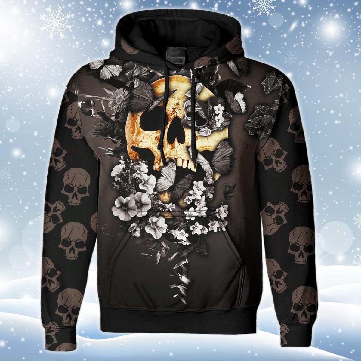 Black Butterfly Skull Print Unisex Pullover Hoodie-Wonder Skull