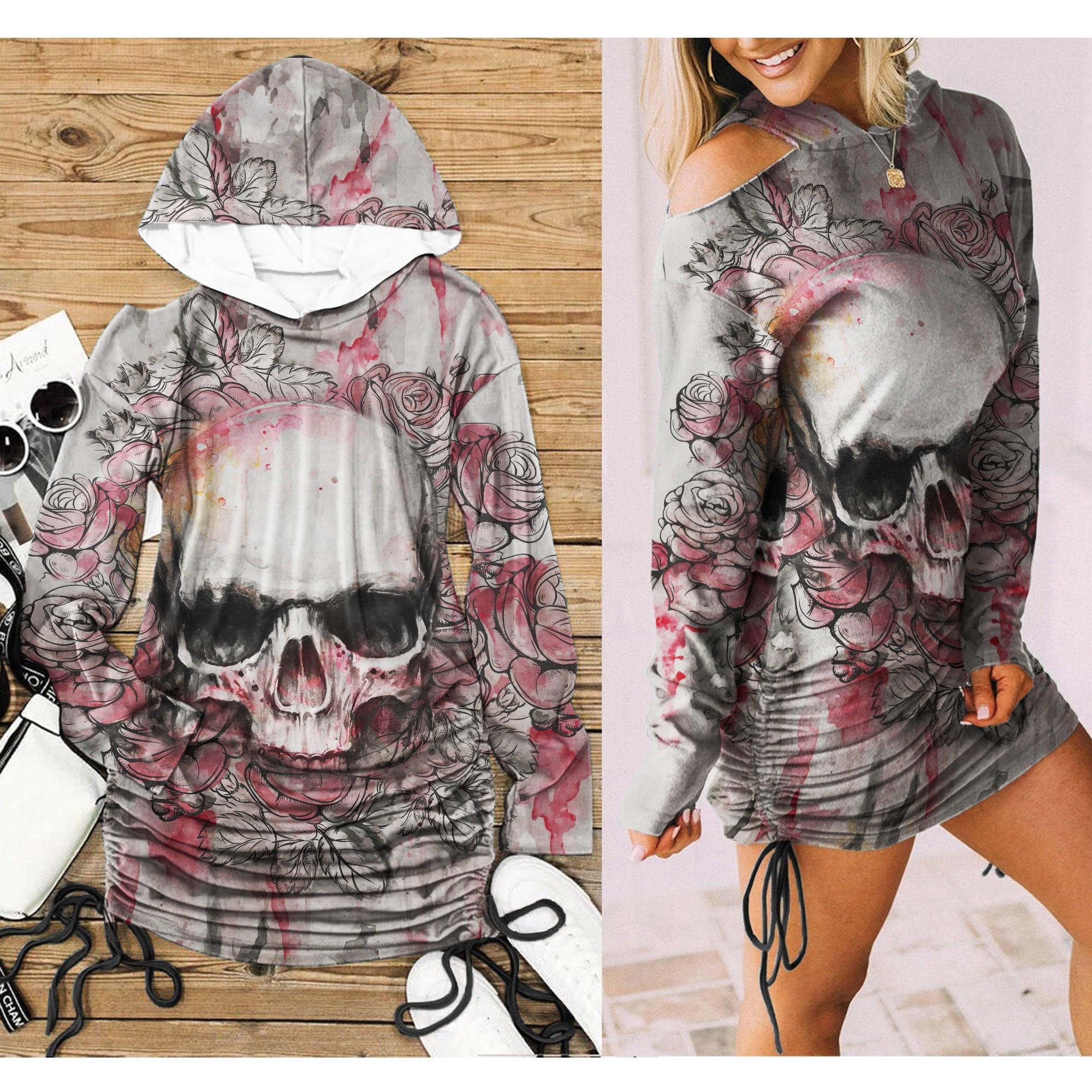 Black Pink Color Drawing Skull Print Open Shoulder Dress - Wonder Skull