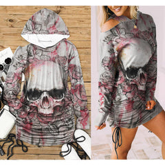 Black Pink Color Drawing Skull Print Open Shoulder Dress - Wonder Skull