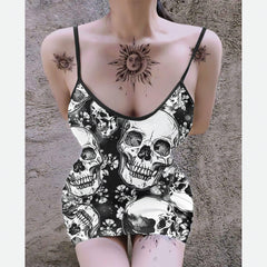 Black Shadow Skull Printed Body Dress, Naughty Sleeveless Minidress For Women-Wonder Skull