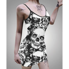 Black Shadow Skull Printed Body Dress, Naughty Sleeveless Minidress For Women-Wonder Skull