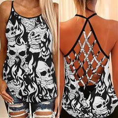Black White Flame Skull Flame Thunder Criss-Cross Open Back Tank Top, Coolest T-Shirt For Women - Wonder Skull