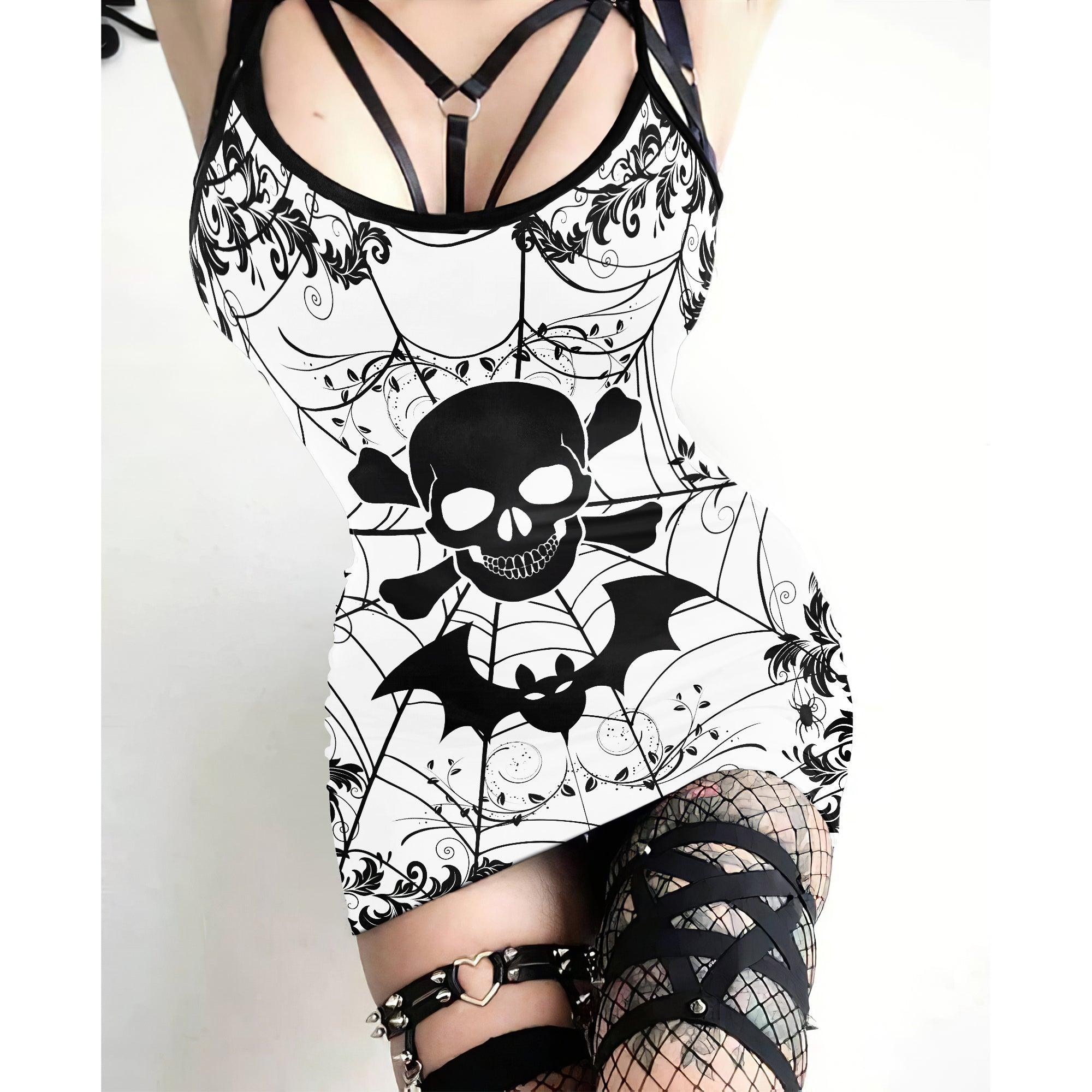 Black White Skull Spider Print Dress For Women-Wonder Skull