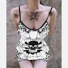 Black White Skull Spider Print Dress For Women-Wonder Skull