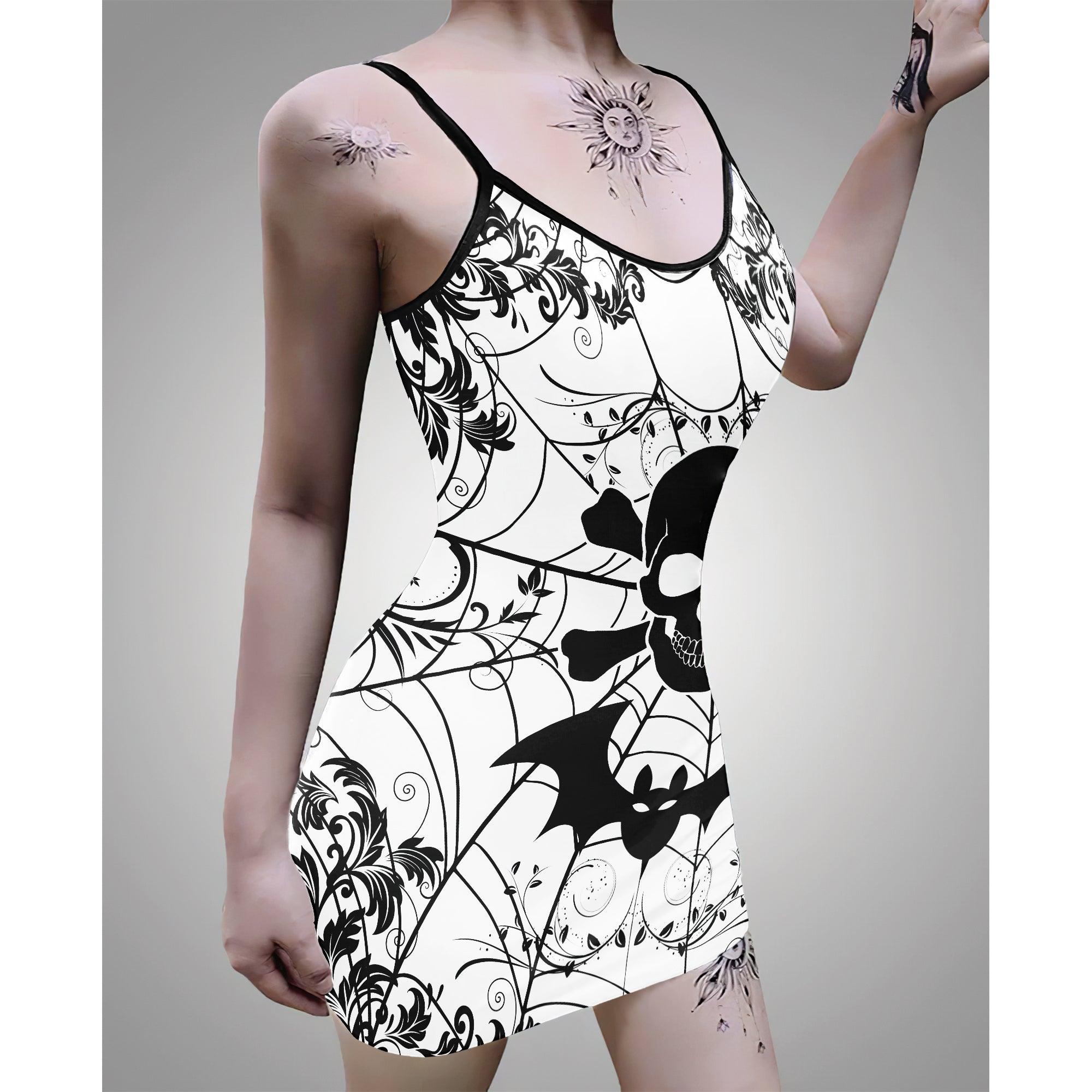 Black White Skull Spider Print Dress For Women-Wonder Skull