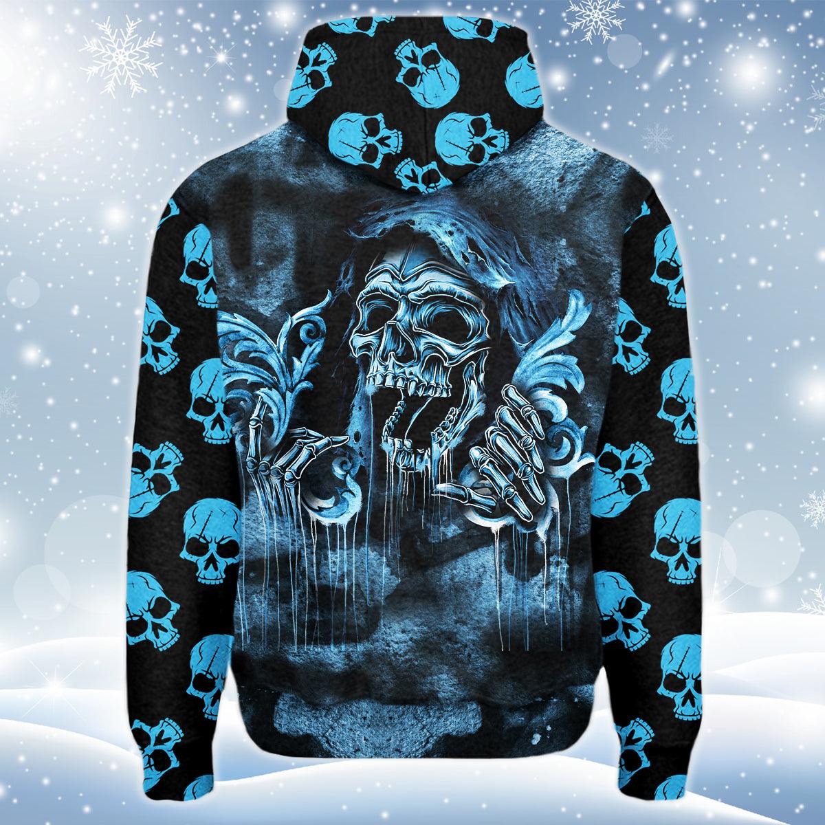 Blue Death Skull Print Unisex Pullover Hoodie-Wonder Skull