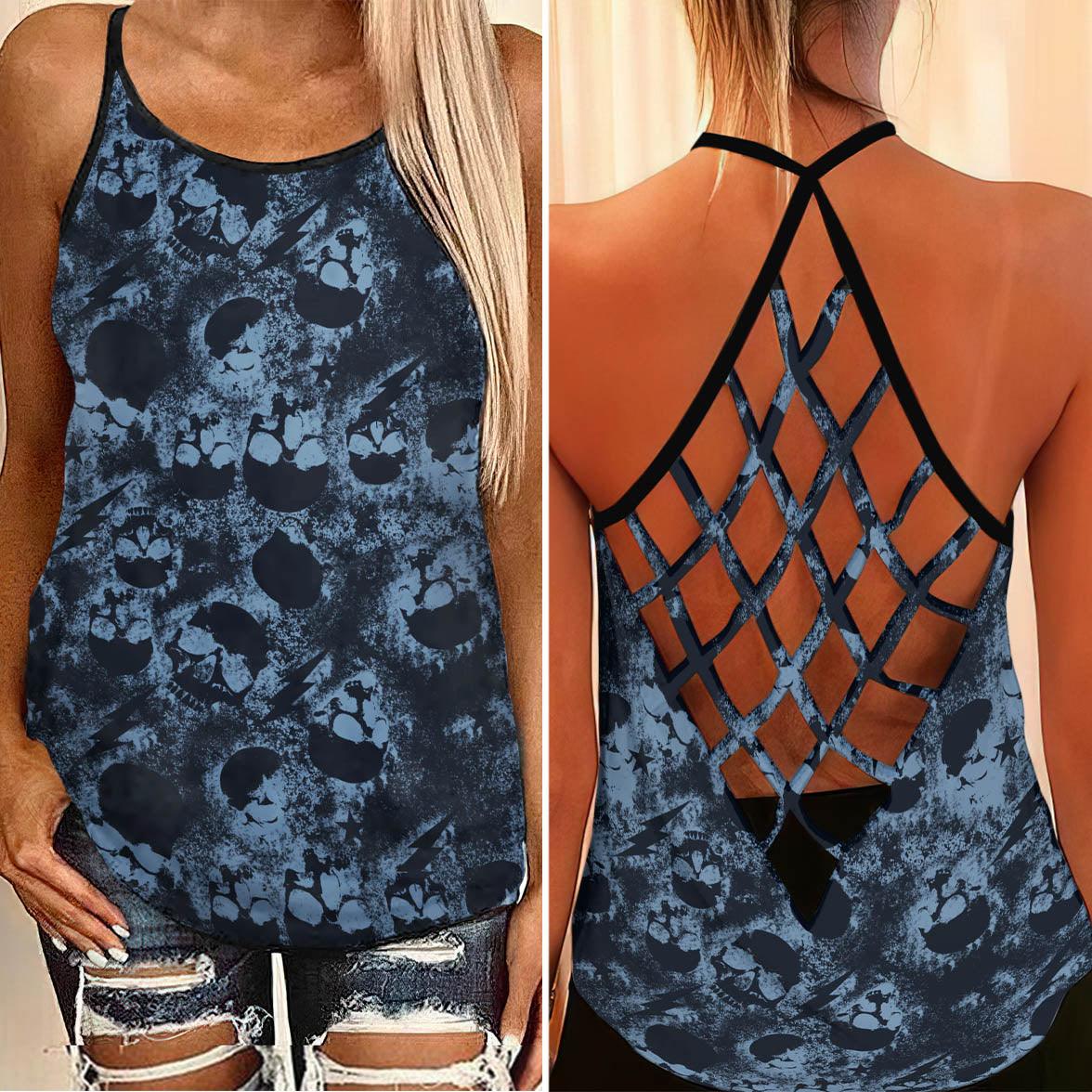 Blue Skull Noise Criss-Cross Open Back Tank Top, Coolest T-Shirt For Women - Wonder Skull