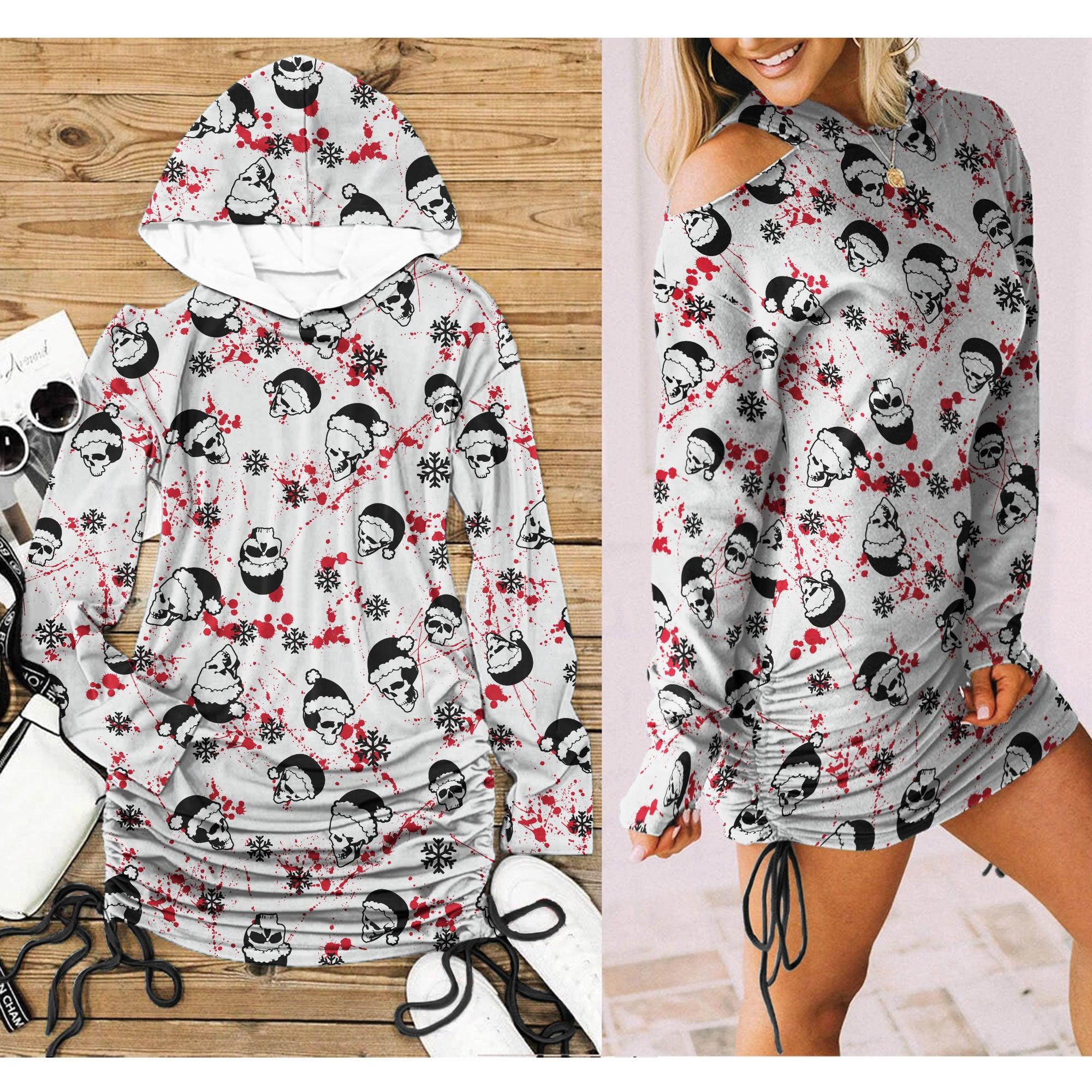 Christmas Badass Skull Santa Print Open Shoulder Dress - Wonder Skull