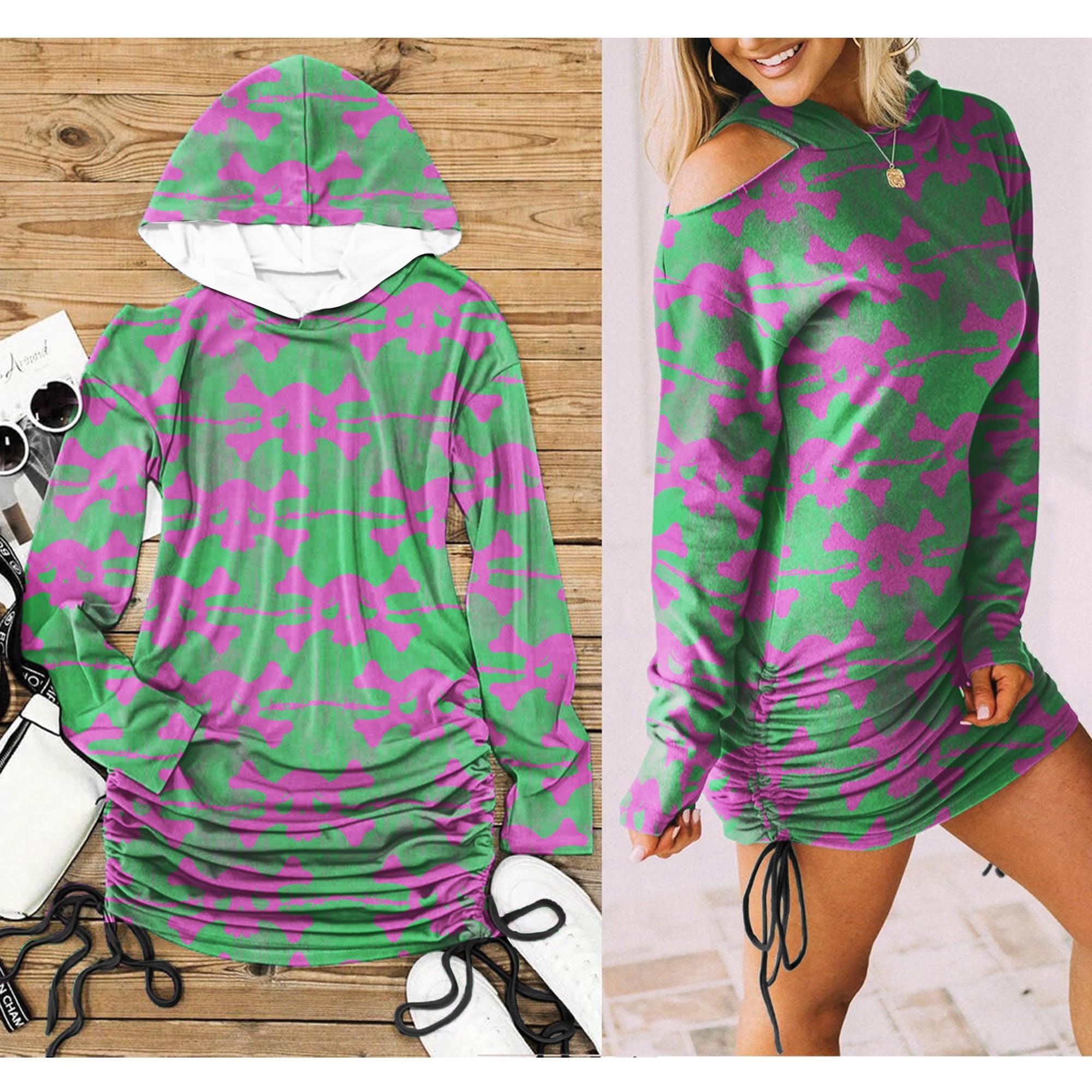 Christmas Green Red Skull Buffalo Flaid Print Open Shoulder Dress-Wonder Skull