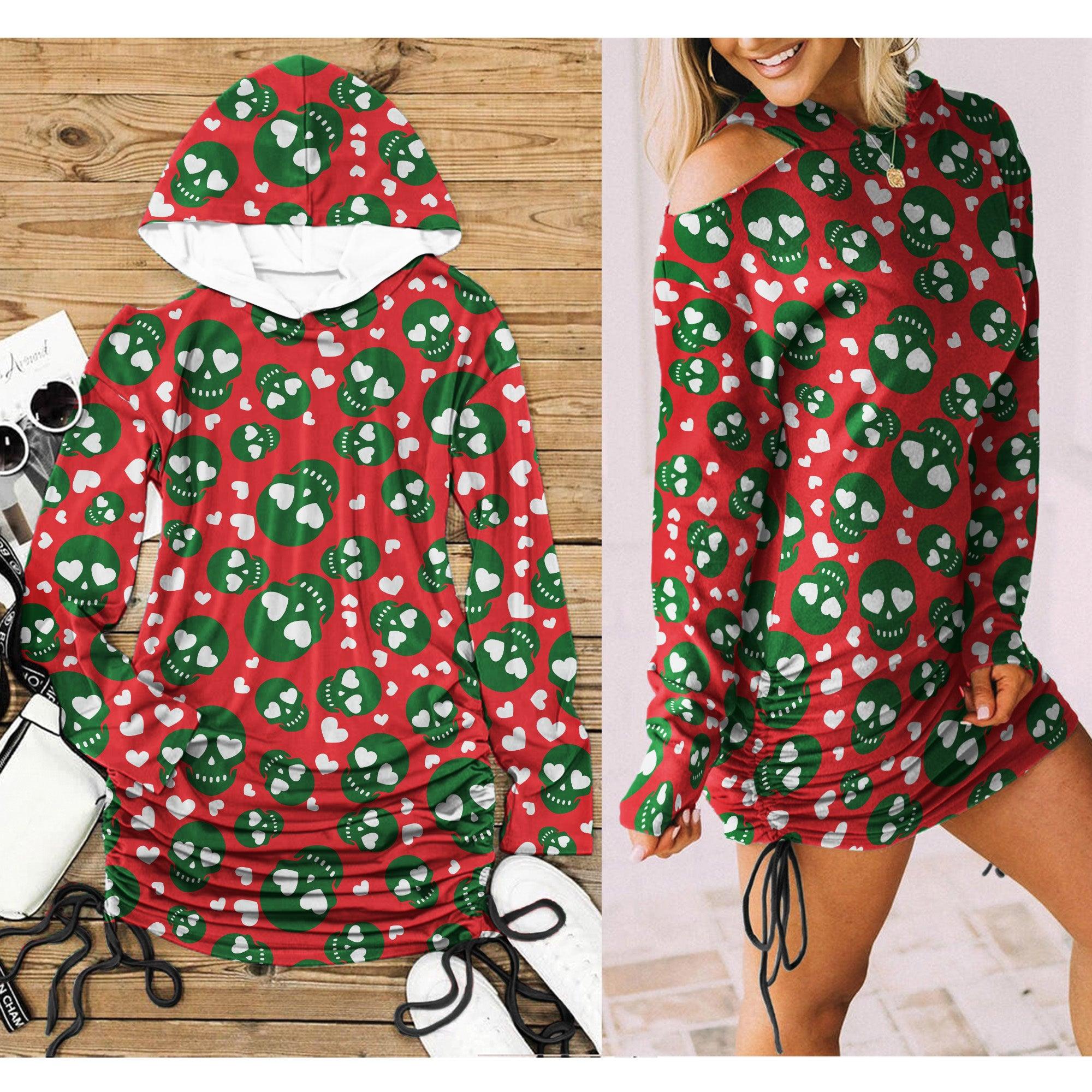 Christmas Green Red Skull Print Open Shoulder Dress - Wonder Skull