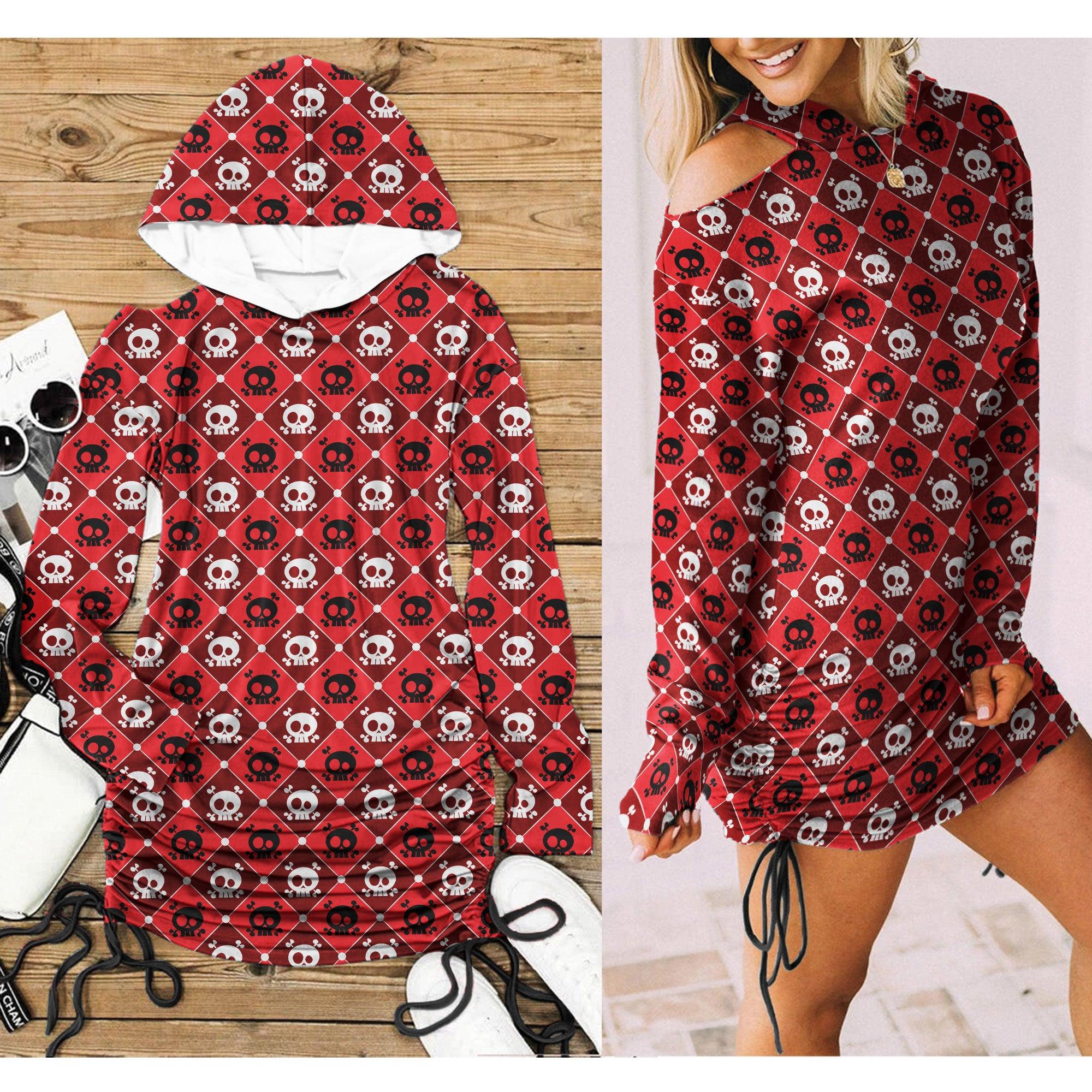 Christmas Red White Checked Skull Print Open Shoulder Dress -Wonder Skull