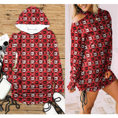 Christmas Red White Checked Skull Print Open Shoulder Dress -Wonder Skull