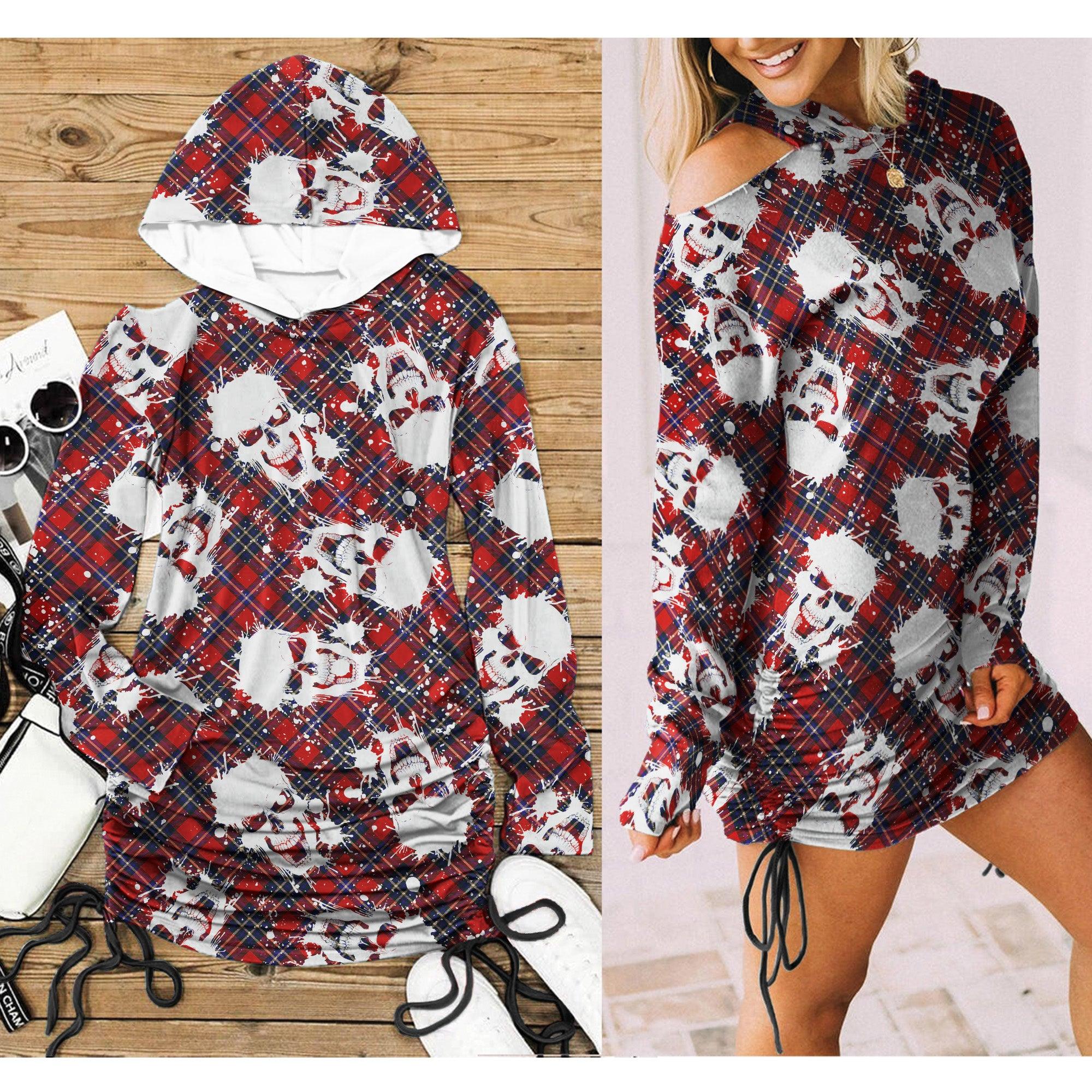 Christmas Red White Water Pot Skull Print Open Shoulder Dress - Wonder Skull