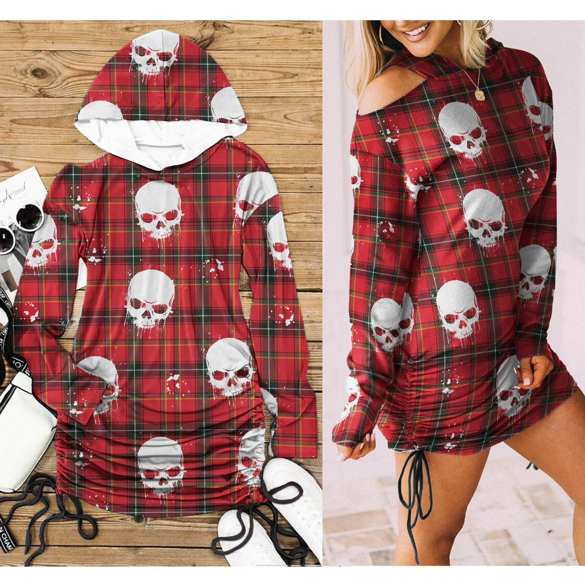 Christmas Red White Water Skull Print Open Shoulder Dress - Wonder Skull