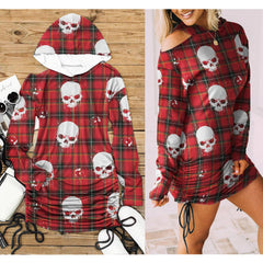 Christmas Red White Water Skull Print Open Shoulder Dress - Wonder Skull