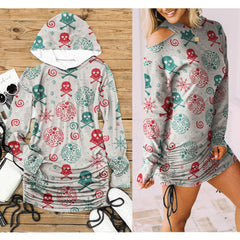 Christmas Skull Berries Print Open Shoulder Dress-Wonder Skull