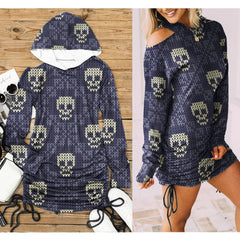 Christmas Violet White Skull Pattern Print Open Shoulder Dress - Wonder Skull
