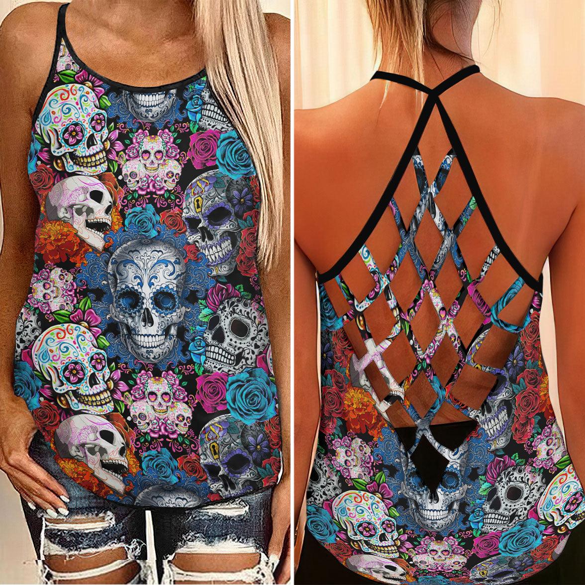 Colorful Sugar Skull Pattern Criss-Cross Open Back Tank Top, Coolest T-Shirt For Women - Wonder Skull