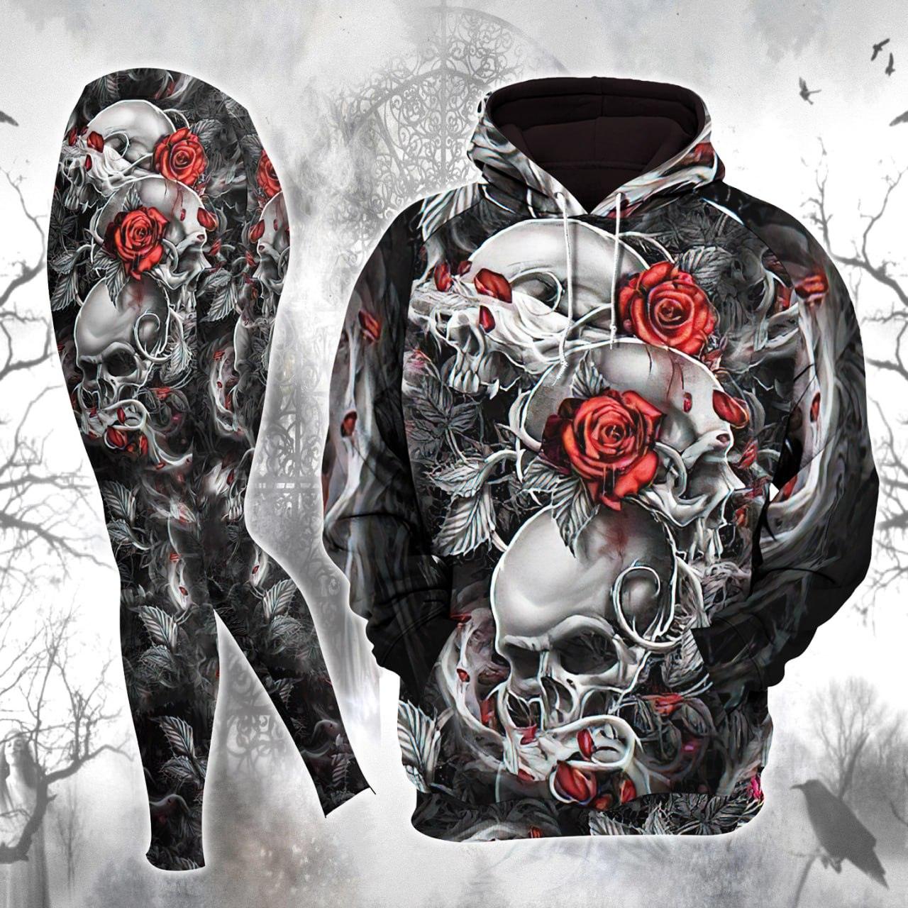 Cool Gothic Skull Rose Ornament Artwork Combo Hoodie and Leggings - Wonder Skull