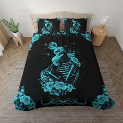 Cyan Skeleton Couple Duvet Cover Set - Wonder Skull