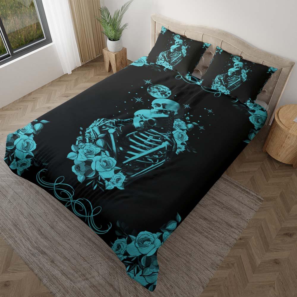 Cyan Skeleton Couple Duvet Cover Set - Wonder Skull