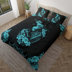 Cyan Skeleton Couple Duvet Cover Set - Wonder Skull