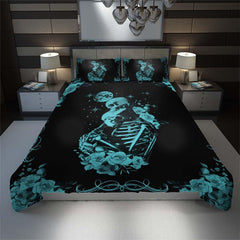 Cyan Skeleton Couple Duvet Cover Set - Wonder Skull