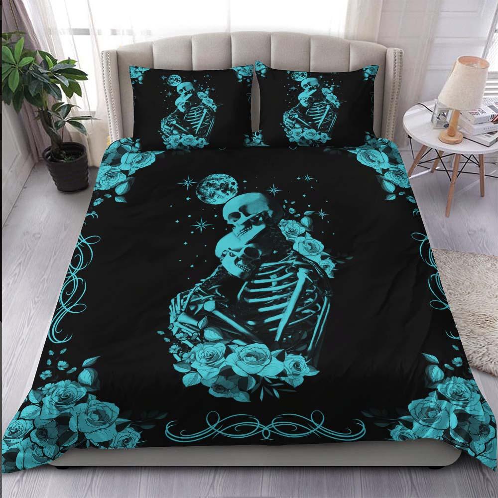 Cyan Skeleton Couple Duvet Cover Set - Wonder Skull