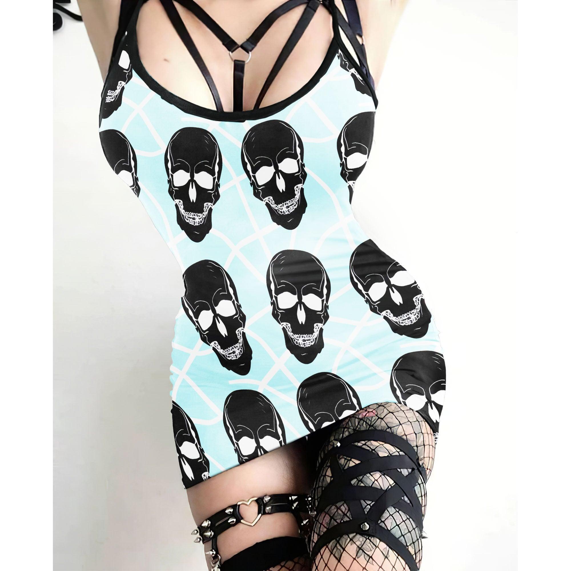 Cyan Skull Lovers Printed Body Dress, Naughty Sleeveless Minidress For Women-Wonder Skull