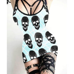 Cyan Skull Lovers Printed Body Dress, Naughty Sleeveless Minidress For Women-Wonder Skull