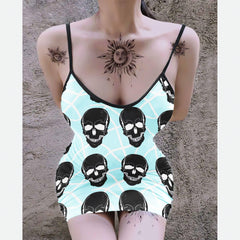 Cyan Skull Lovers Printed Body Dress, Naughty Sleeveless Minidress For Women-Wonder Skull