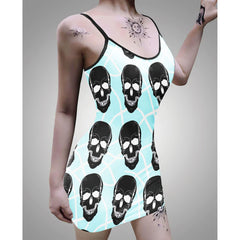 Cyan Skull Lovers Printed Body Dress, Naughty Sleeveless Minidress For Women-Wonder Skull