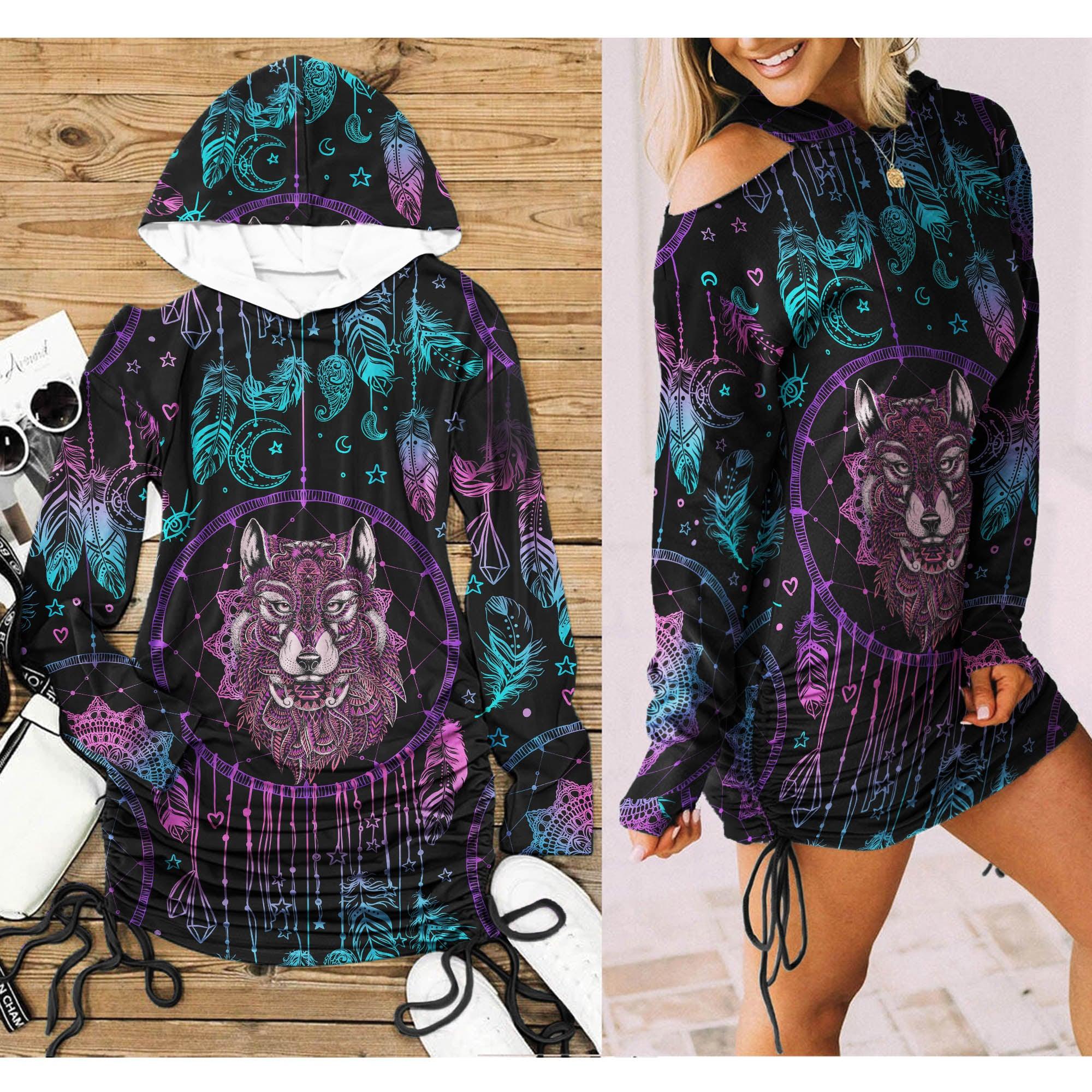 Dark Purple Wolf Chime All Over Print Women One Shoulder Dress With Waist Shirring, Long Hoodie For Women - Wonder Skull
