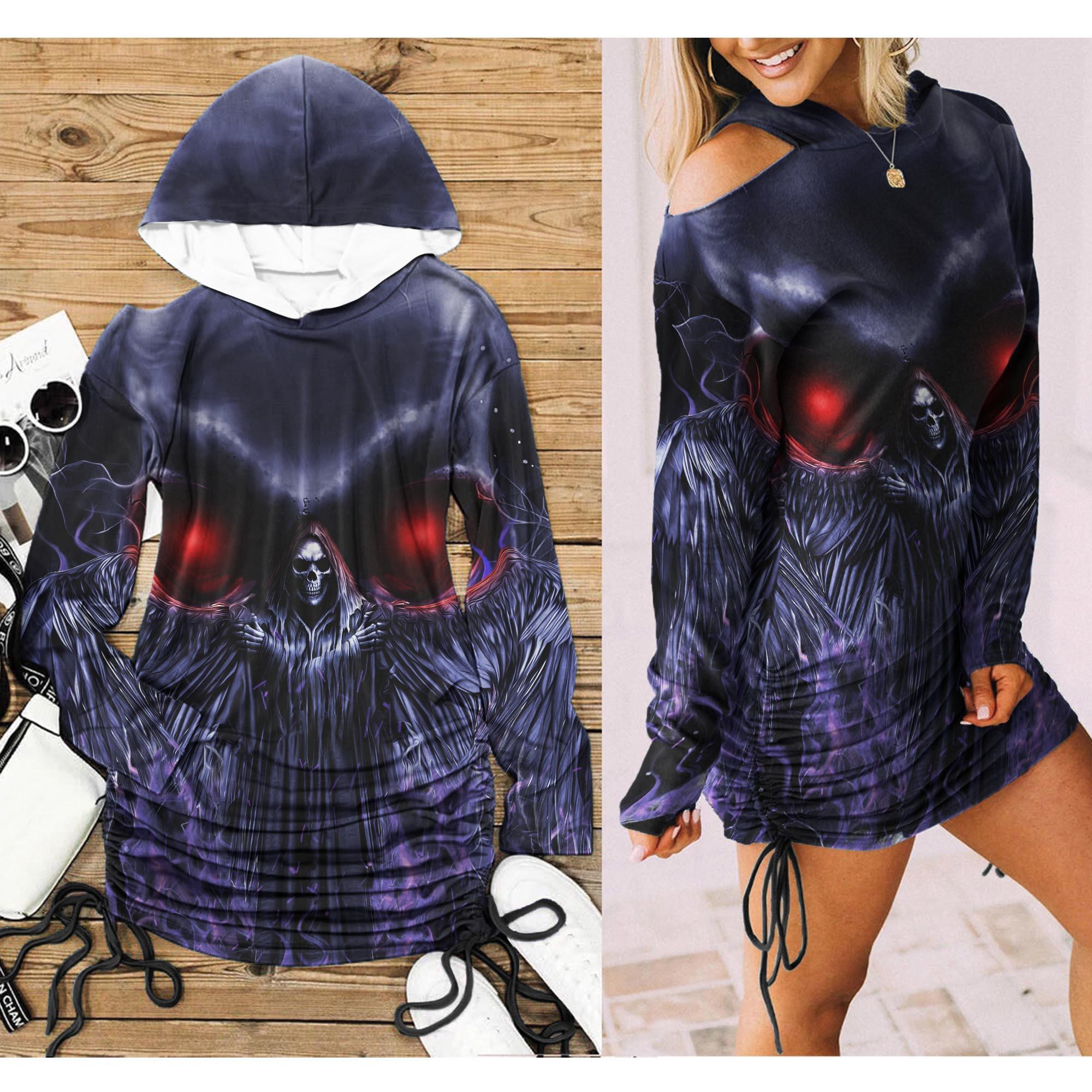 Dark Skull Death Print Open Shoulder Dress - Wonder Skull